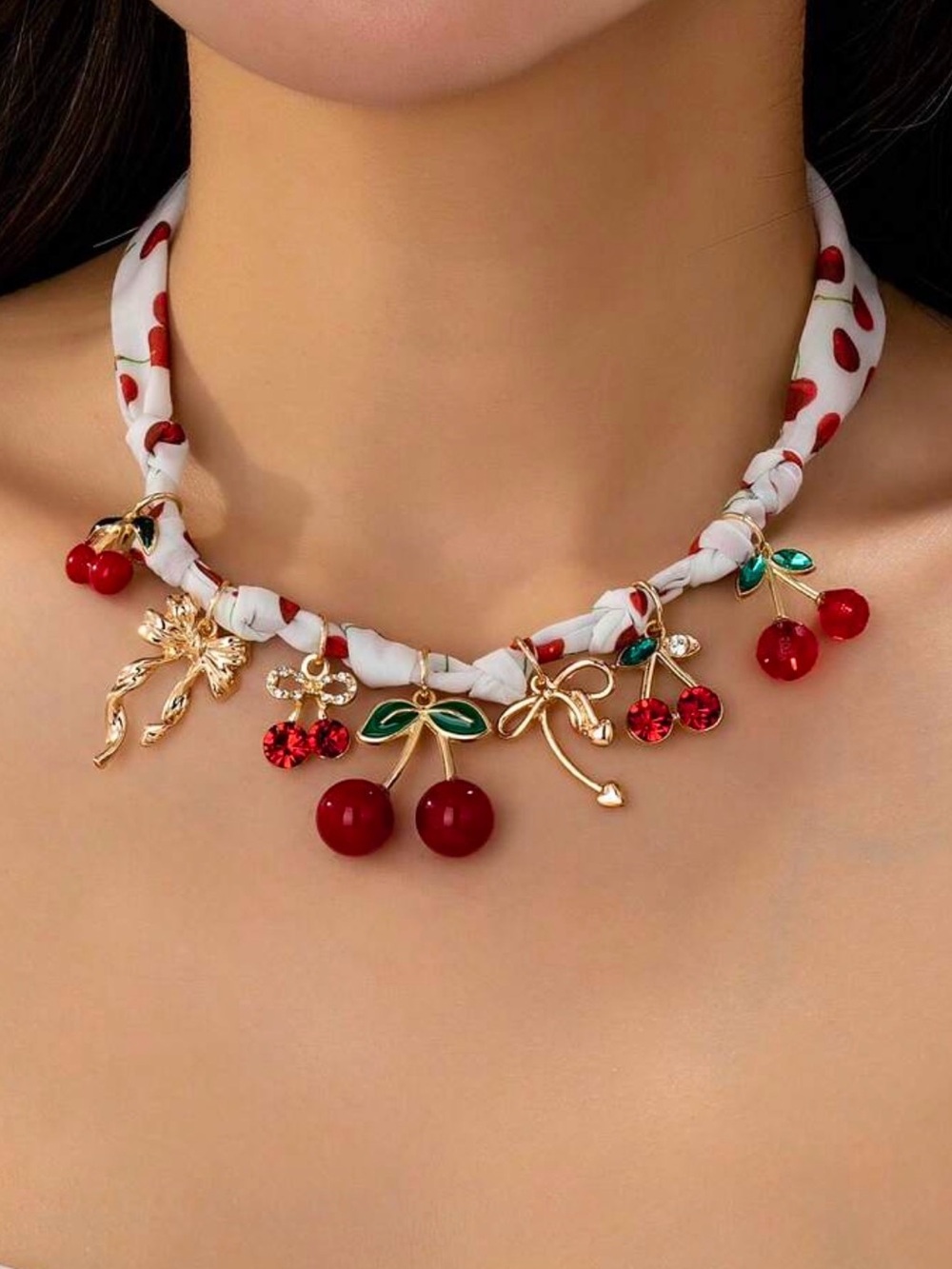Cherry Charm Red Statement Scarf Necklace